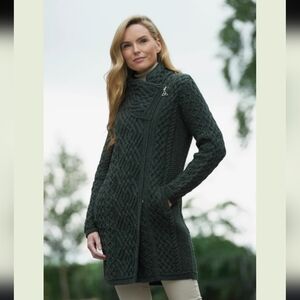 Aran Knit Coatigan with C‎eltic Knot Side Zip‎‎‎‎‎ Army Green S like New